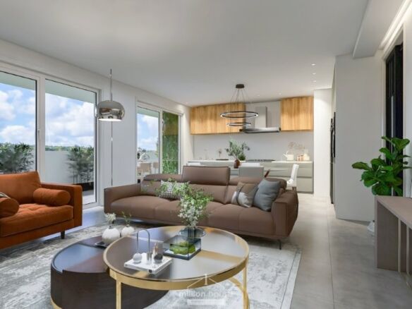 Spacious living room with modern furniture and large windows offering scenic views in Seregno, Lomba.