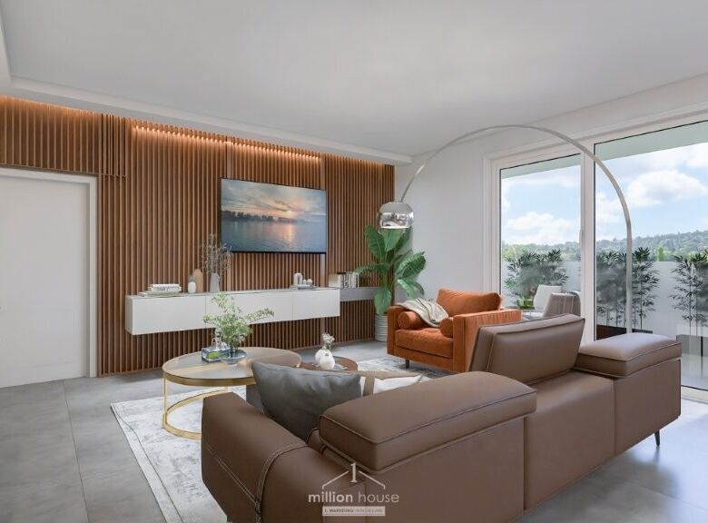 Elegant living room with modern furniture and large windows in Seregno Lombardy.