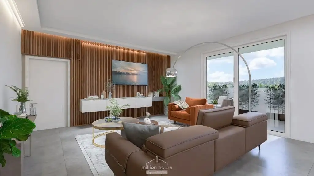 Elegant living room with modern furniture and large windows in Seregno Lombardy.