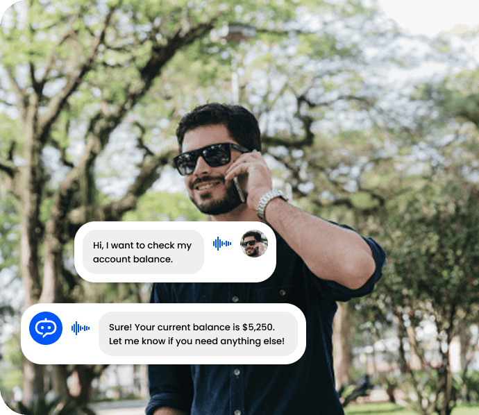 Man talking on phone with chat bubbles about account balance outdoors.