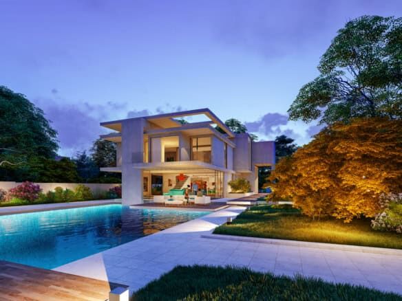 Luxury modern villa with pool in a lush garden setting.