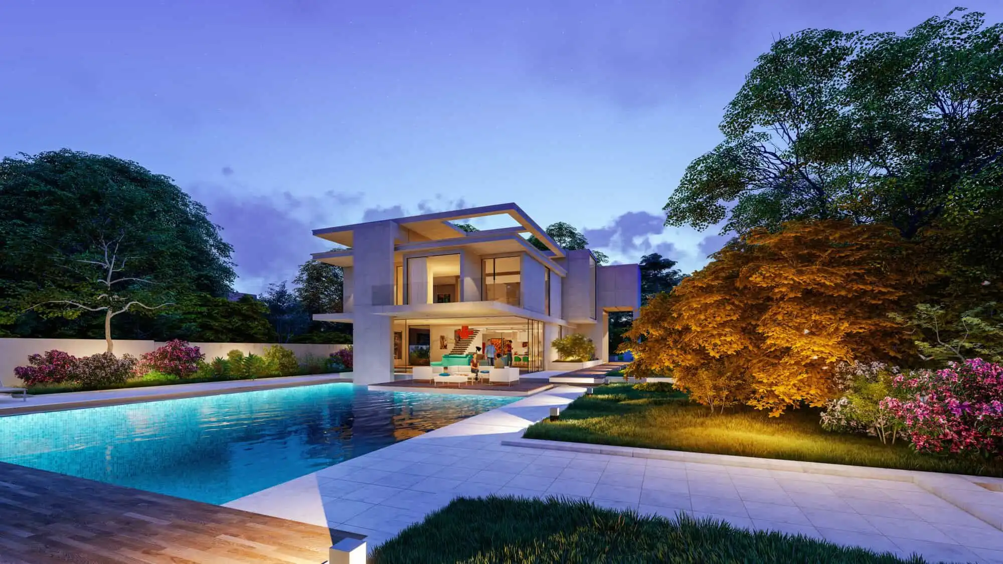 Luxury modern villa with pool in a lush garden setting.