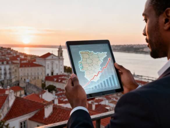 Man analyzing Portugal property market trends on tablet at sunset.