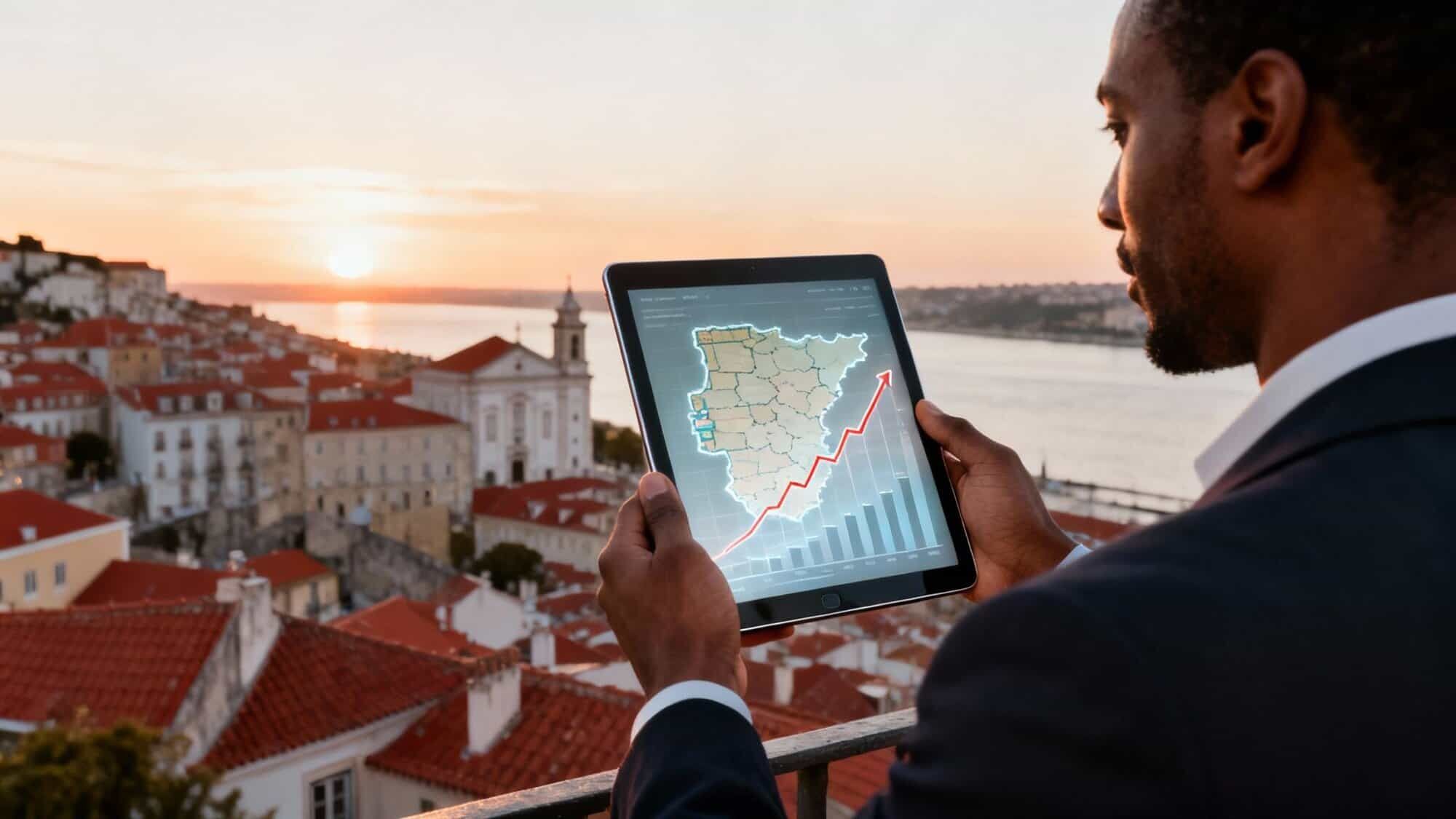 Man analyzing Portugal property market trends on tablet at sunset.