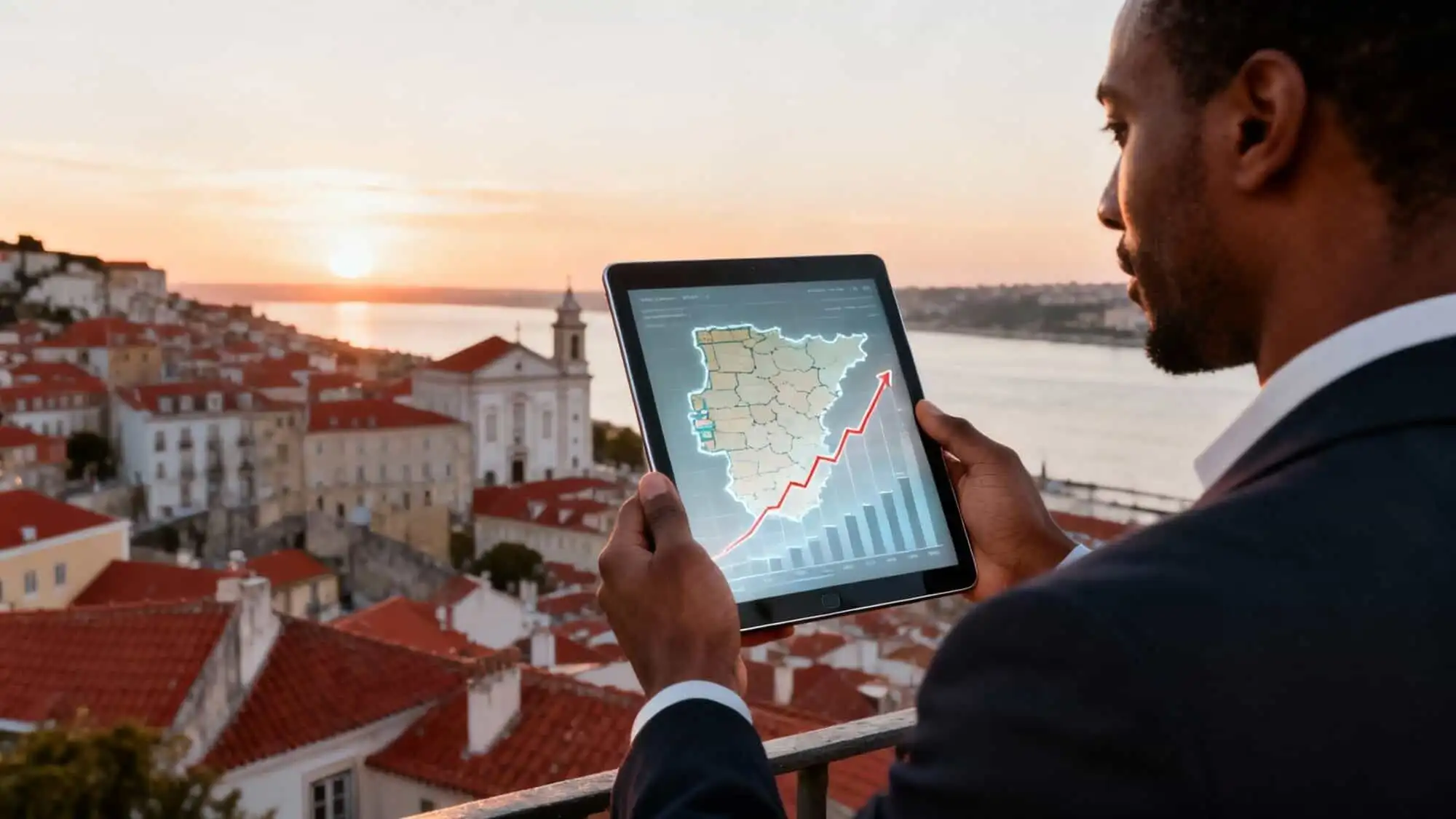 Man analyzing Portugal property market trends on tablet at sunset.