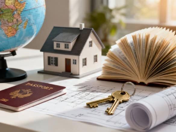 Model house, keys, passport, and architectural plans for international property investment.