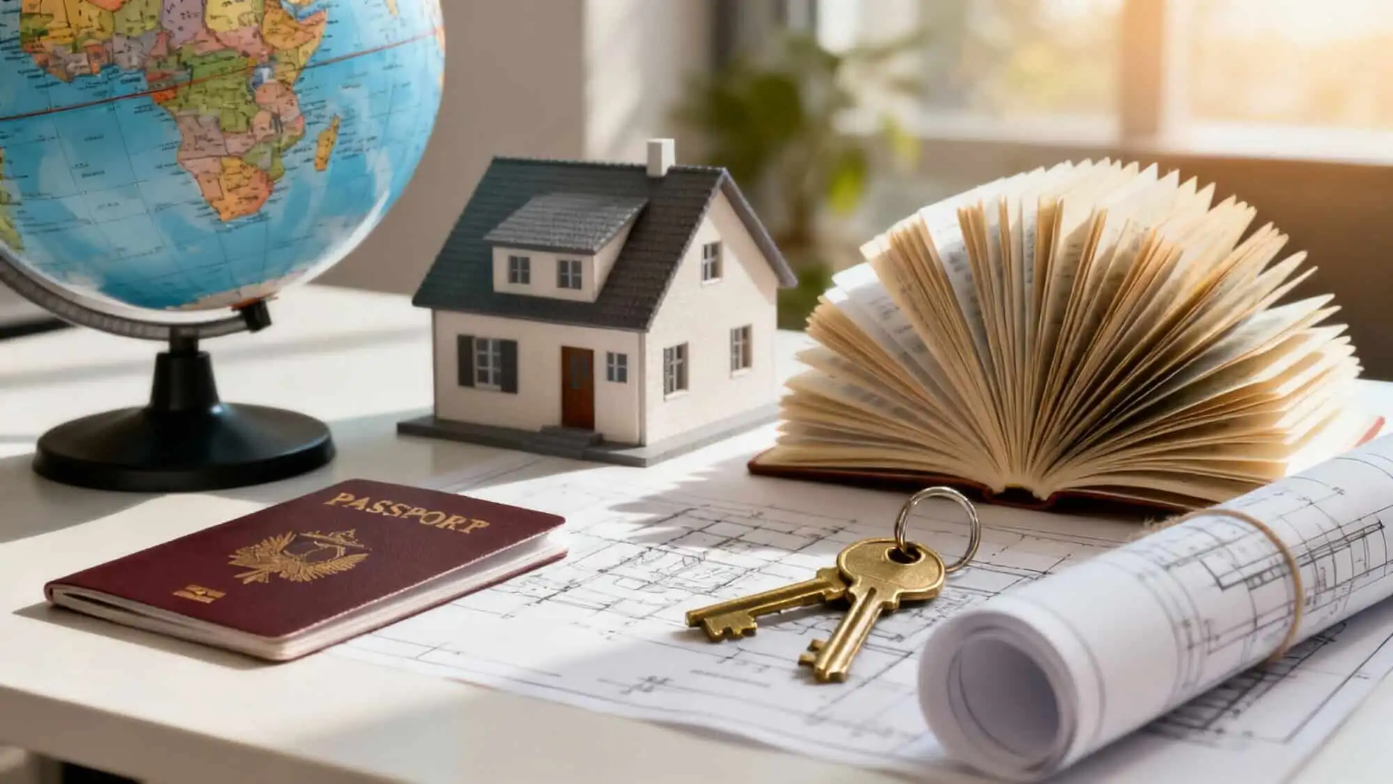 Model house, keys, passport, and architectural plans for international property investment.