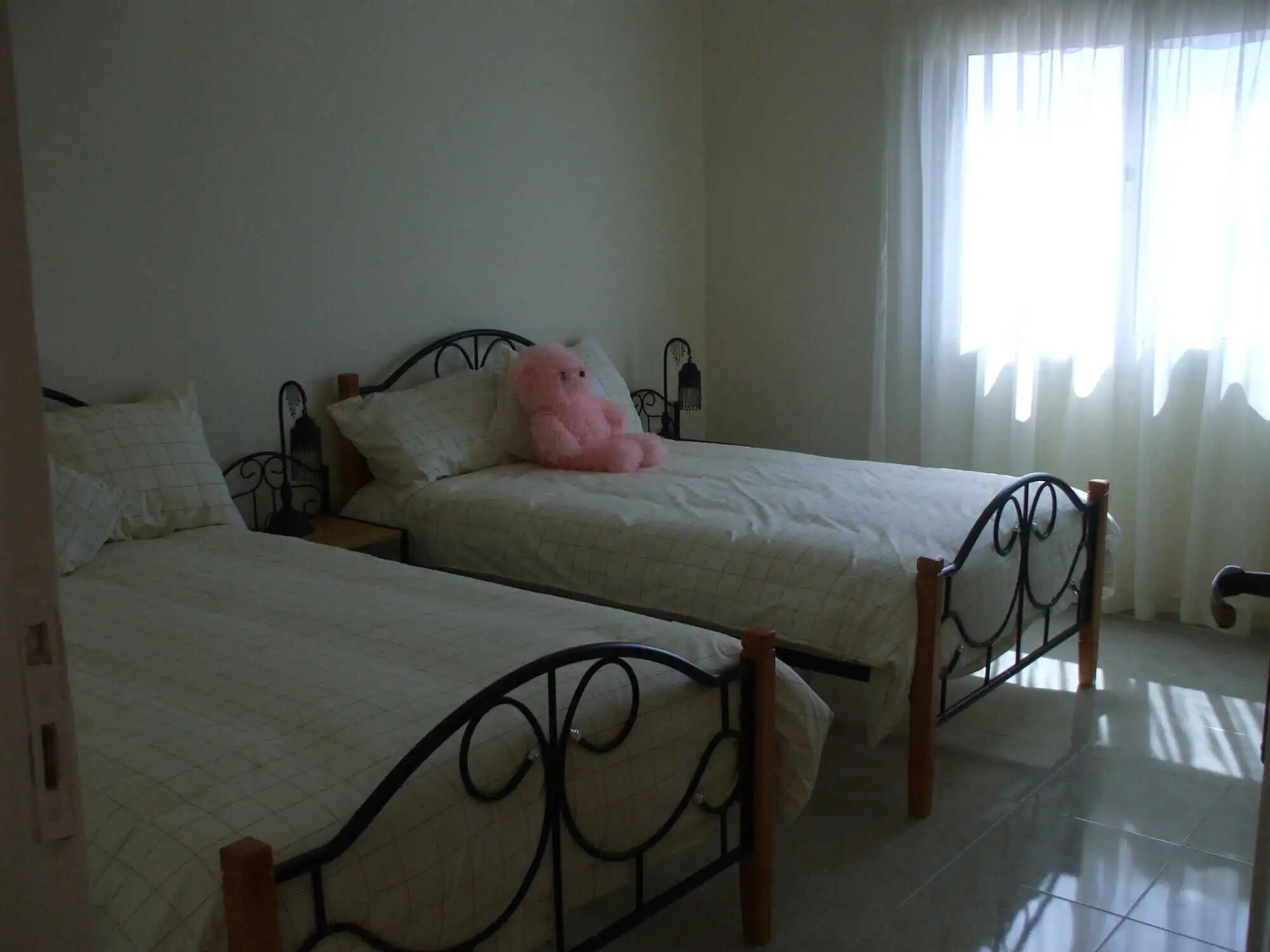 Comfortable bedroom with twin beds and a pink teddy bear, bright natural light from window.