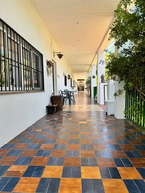 Beautiful covered porch of a 3-bedroom villa in Guadassuar, Valencia, featuring colorful tiled floor.
