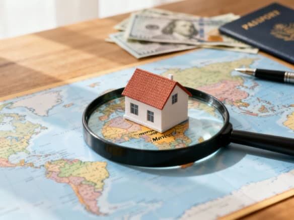 House model on a world map with travel documents and a magnifying glass.
