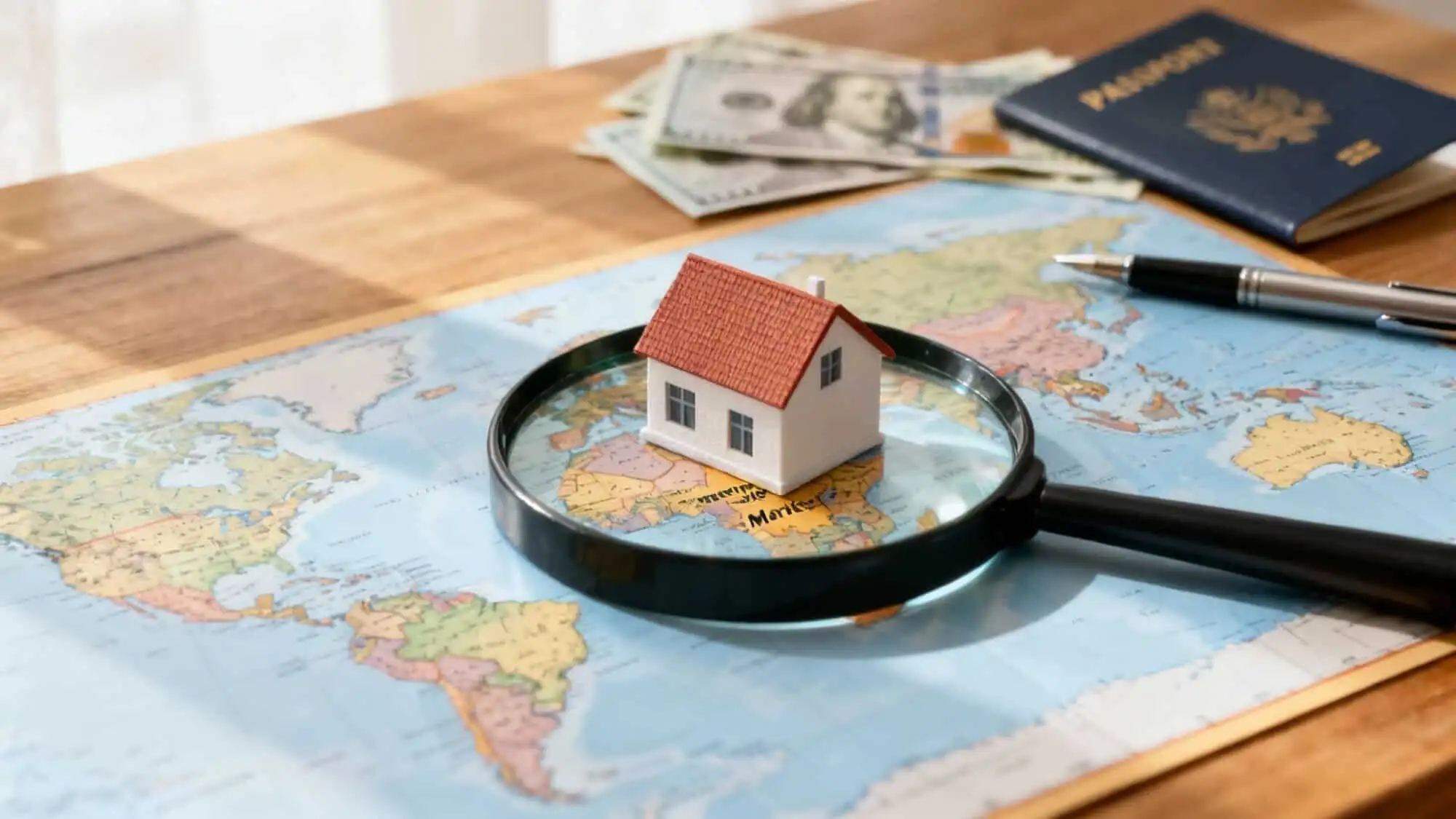 House model on a world map with travel documents and a magnifying glass.