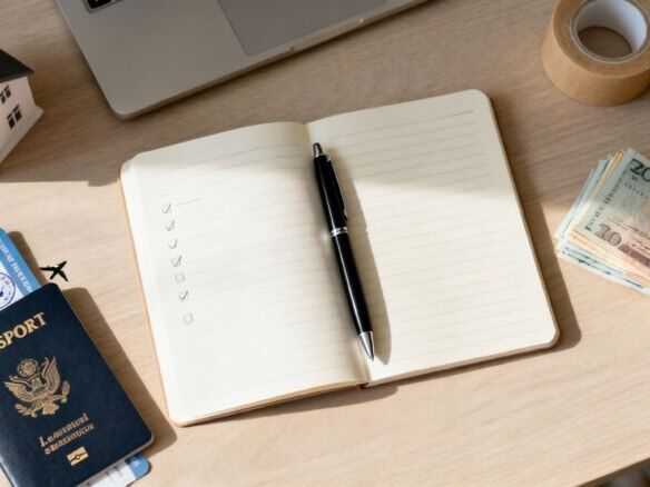 Open notebook with pen, passport, and cash on wooden desk for property investment.