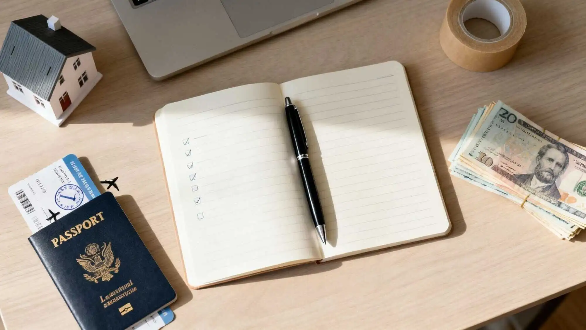 Open notebook with pen, passport, and cash on wooden desk for property investment.