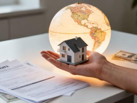 House model with globe and money on desk, symbolizing international property investment.