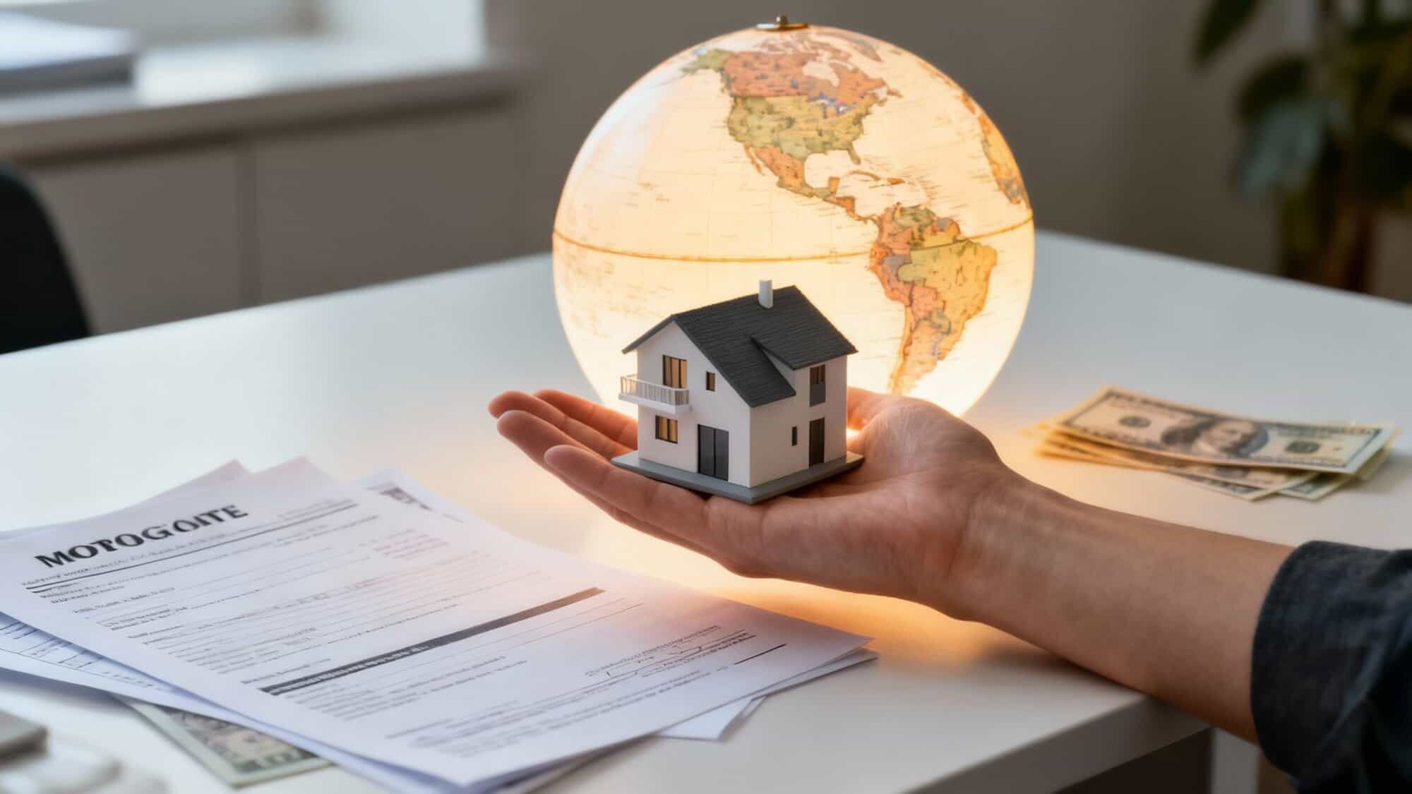 House model with globe and money on desk, symbolizing international property investment.