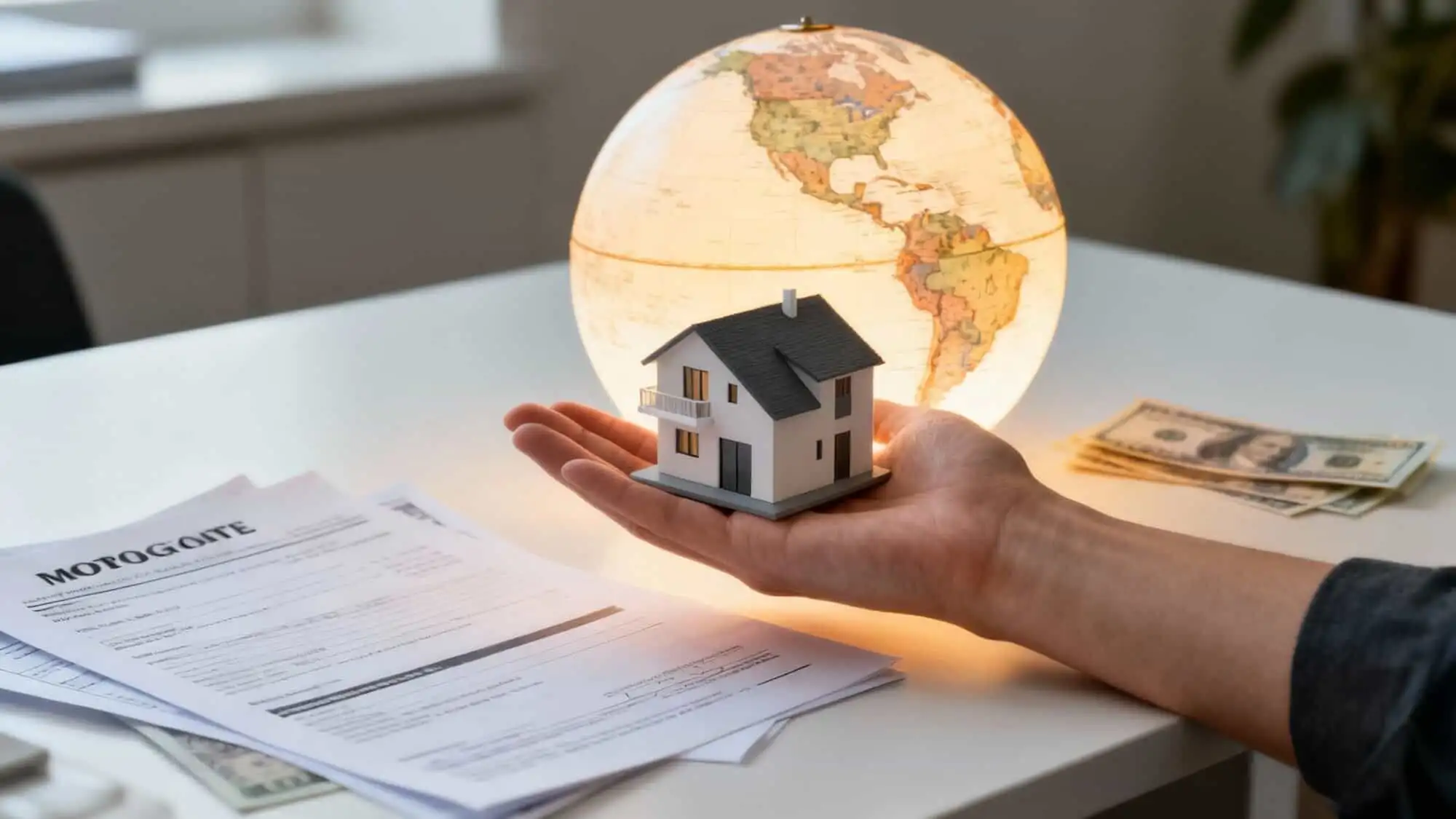 House model with globe and money on desk, symbolizing international property investment.