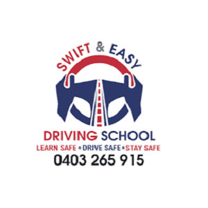 Driving School Logo with a steering wheel and road graphic.