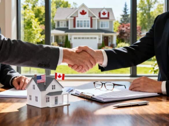 Business professionals shaking hands over a home sale agreement.