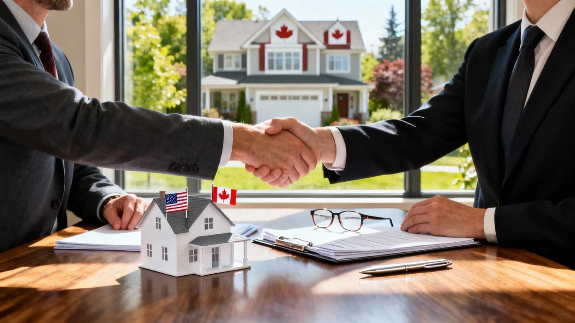 Business professionals shaking hands over a home sale agreement.