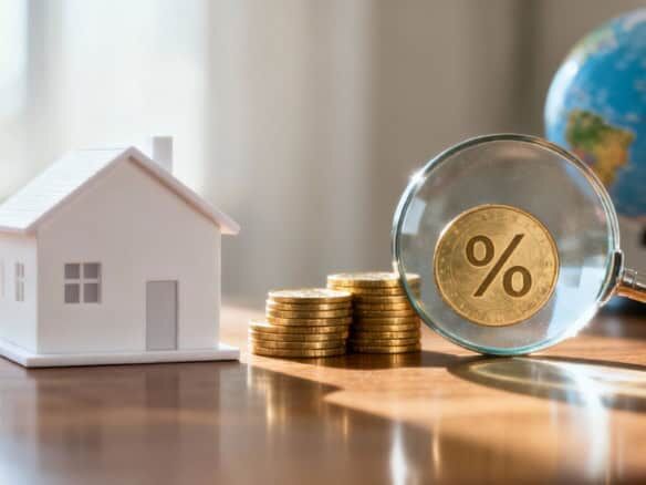 Small house model with stacked coins and percentage symbol in glass sphere.