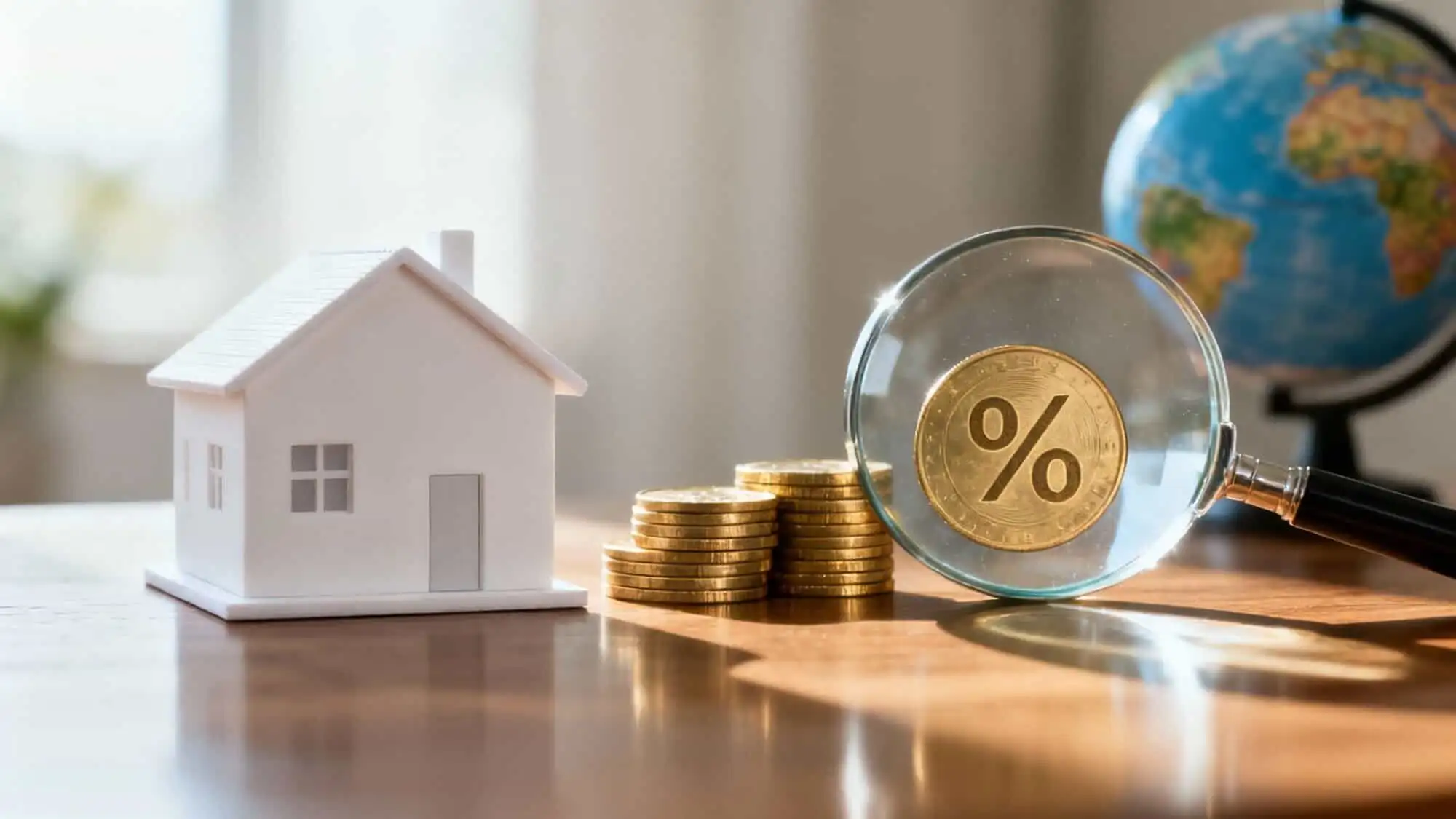 Small house model with stacked coins and percentage symbol in glass sphere.