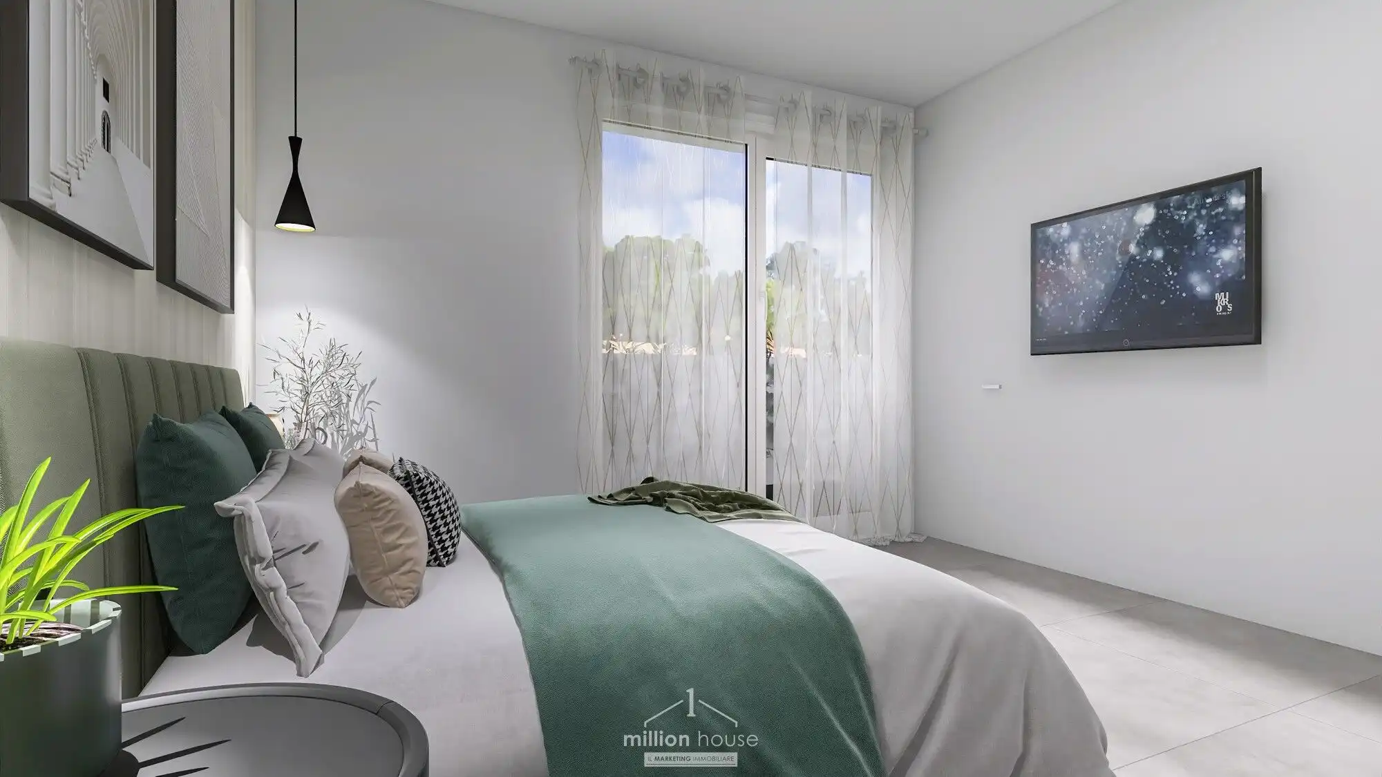 Spacious modern bedroom in Seregno Lombardy with elegant decor and natural light.