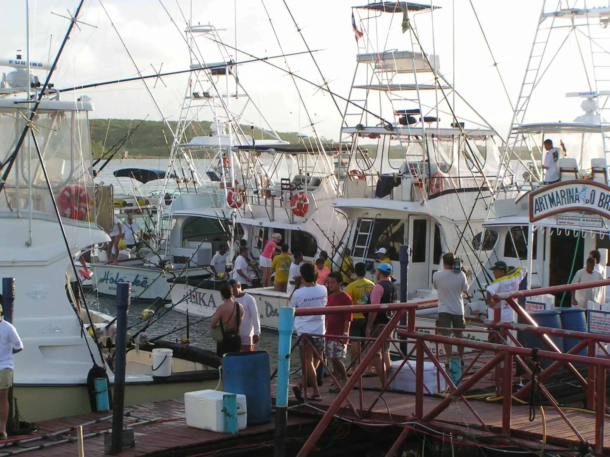 Beautiful boats docked at Bahia marina with tourists and visitors.