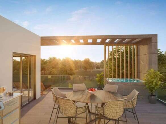 Modern 2-bedroom apartment at Coral Bahia, Punta Cana with outdoor terrace and scenic views.