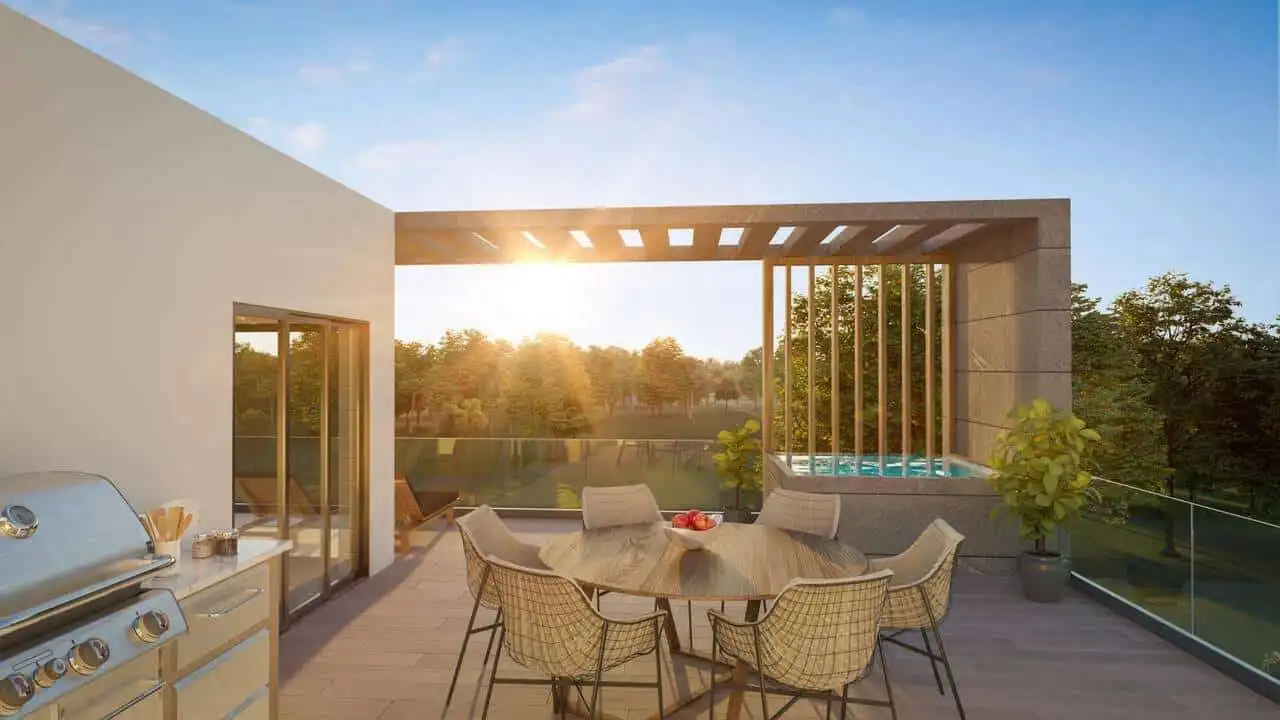 Modern 2-bedroom apartment at Coral Bahia, Punta Cana with outdoor terrace and scenic views.