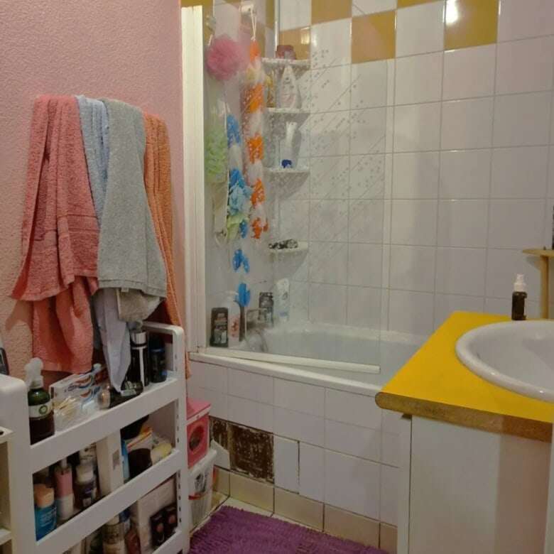 Bathroom with shower, colorful towels, and storage shelves in a Parisian residence.