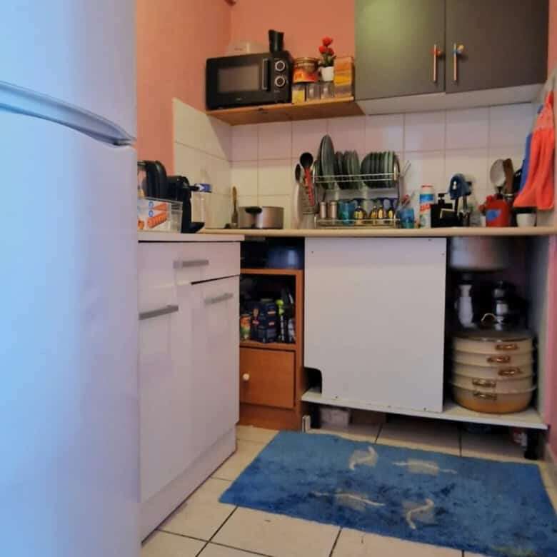 Modern kitchen with appliances in Paris apartment for sale.