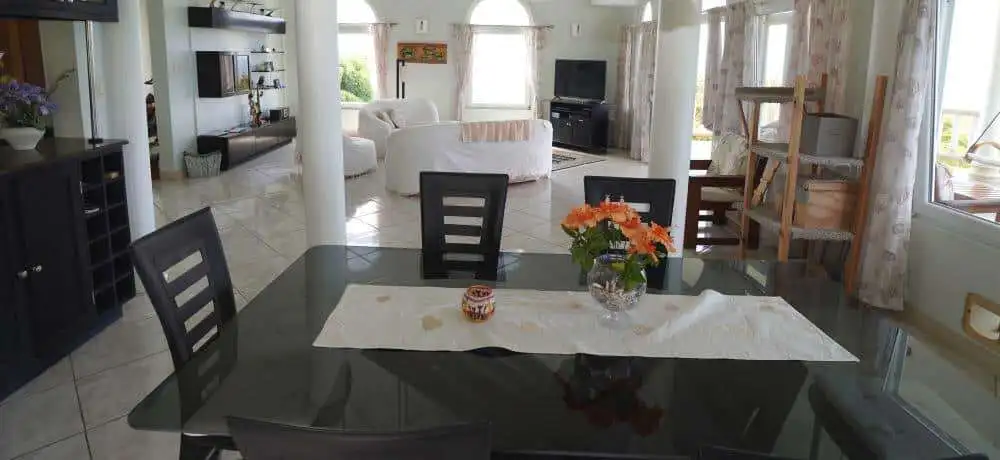 Spacious living room with modern furniture and large windows in a luxury villa in Harmony Hall, Pros.