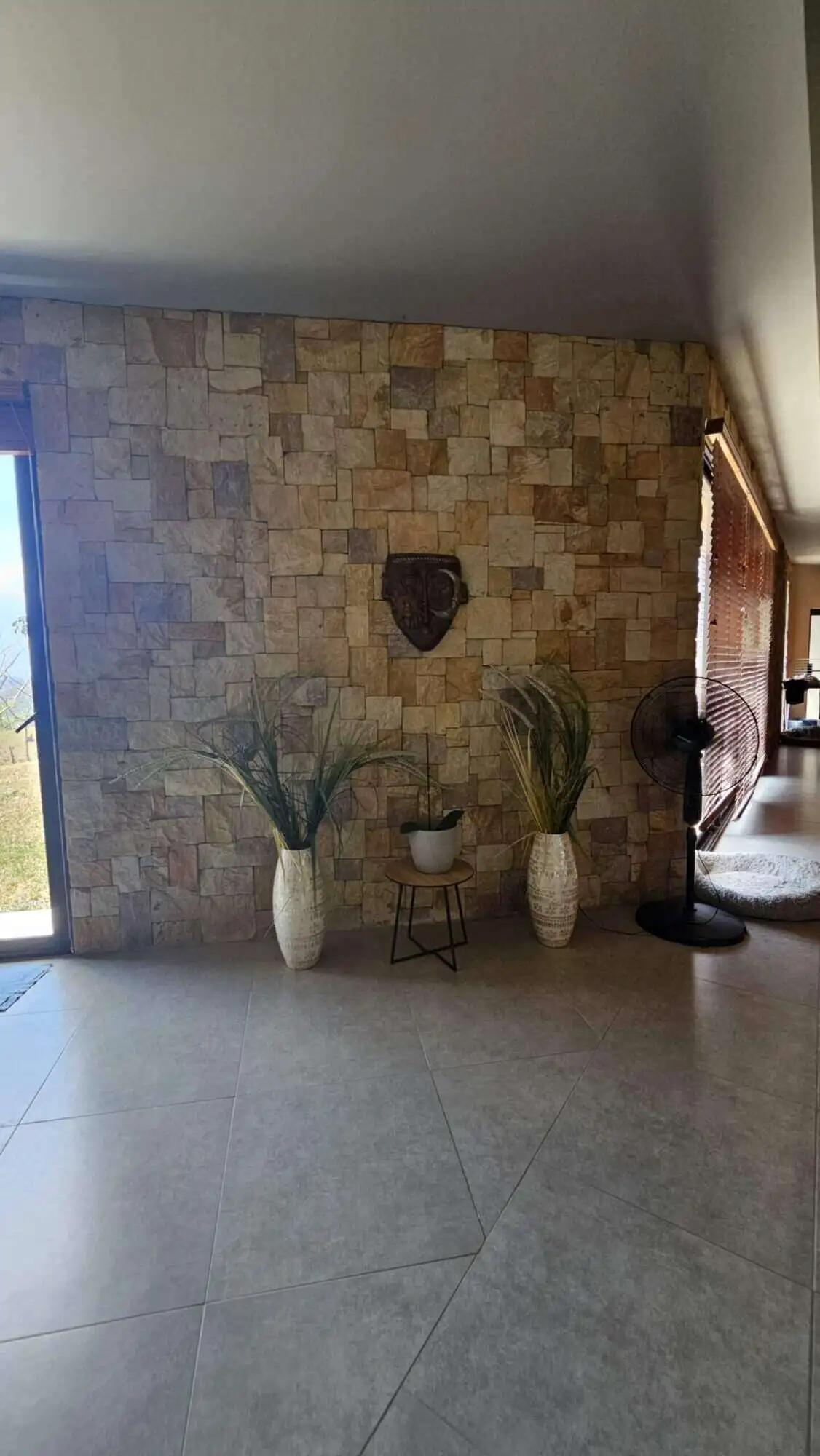 Stylish interior with stone accent wall, potted plants, and natural lighting in Miramar de Puntarena.