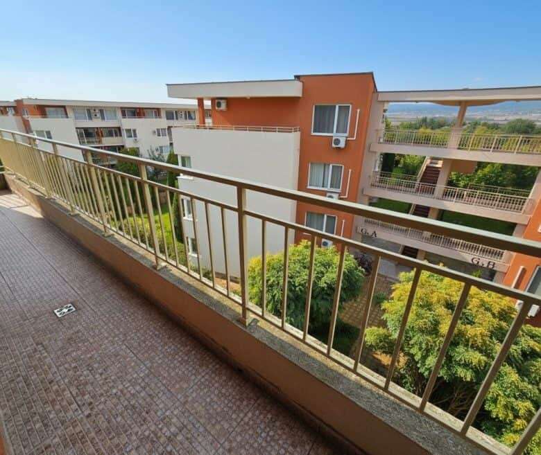 Balcony with pool view in Nessebar Fort club, Sunny Beach, 42 sq.m. studio apartment.