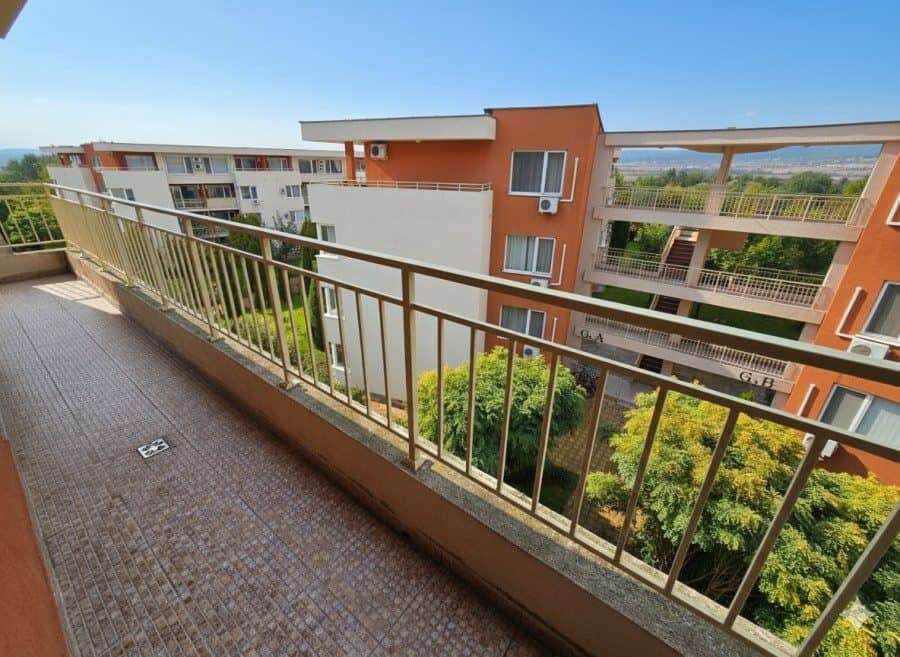 Modern Nessebar Fort club balcony with pool view Balcony with pool view in Nessebar Fort club, Sunny Beach, 42 sq.m. studio apartment.