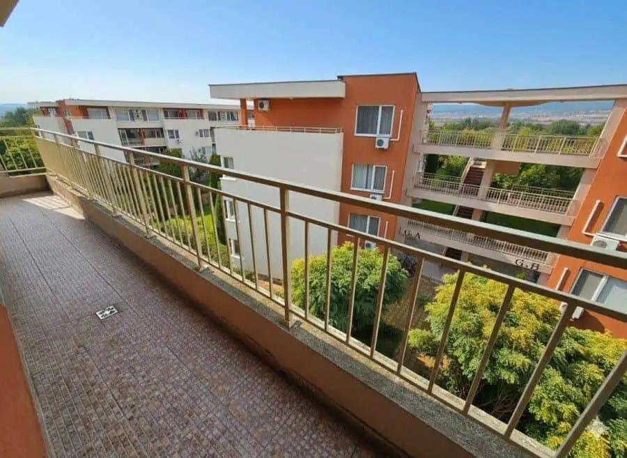 Balcony with pool view in Nessebar Fort club, Sunny Beach, 42 sq.m. studio apartment.