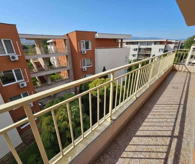 Balcony view from a top-floor studio in Nessebar Fort Club, Sunny Beach, with pool and city views.