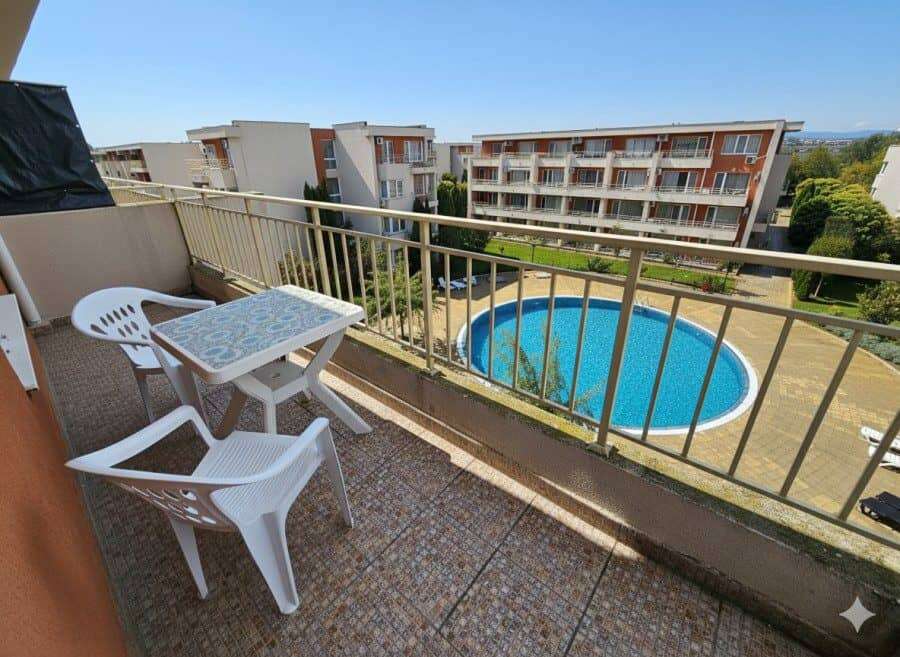 Top Floor Pool View Studio in Nessebar Fort Club Balcony view of pool and surrounding apartments in Sunny Beach, Nessebar.