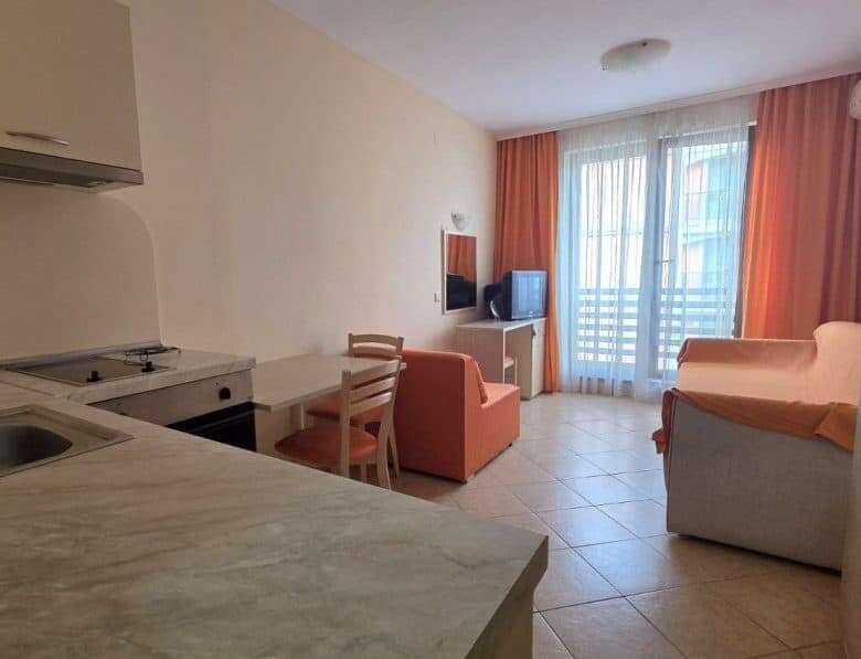 Comfortable studio with living area and kitchenette near the sea.