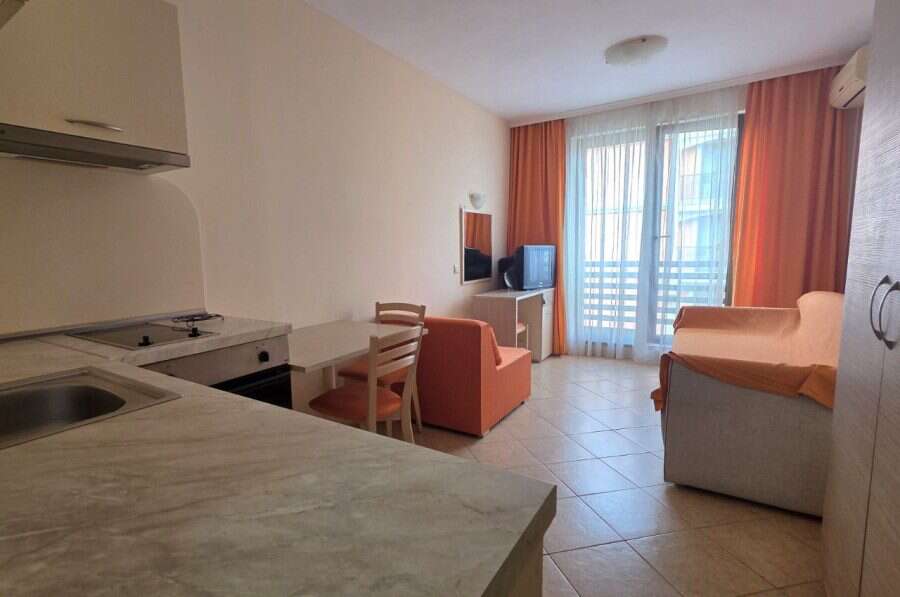 Comfortable studio with living area and kitchenette near the sea.