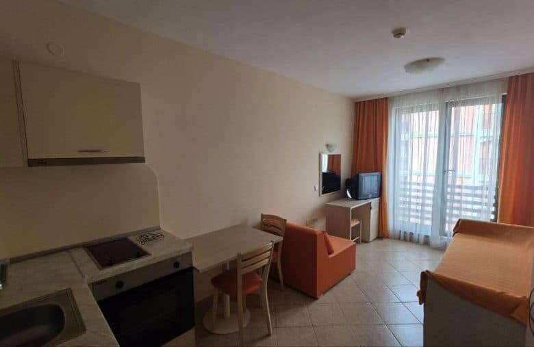 Interior view of a cozy 31 sq.m. studio apartment in Royal Sun, near Sunny Beach, 300m from the sea.