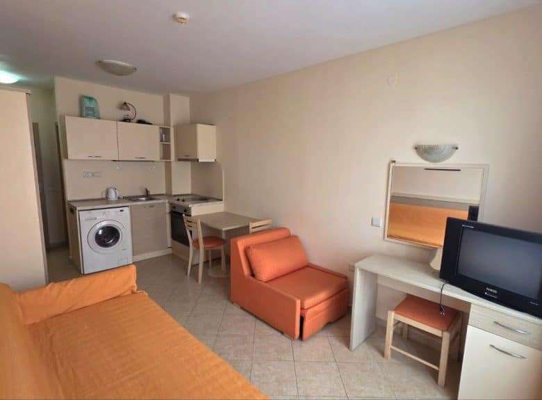Interior view of a cozy 31 sq.m. studio apartment in Royal Sun, Sunny Beach, near the sea.