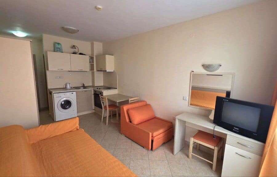 Interior view of a cozy 31 sq.m. studio apartment in Royal Sun, Sunny Beach, near the sea.
