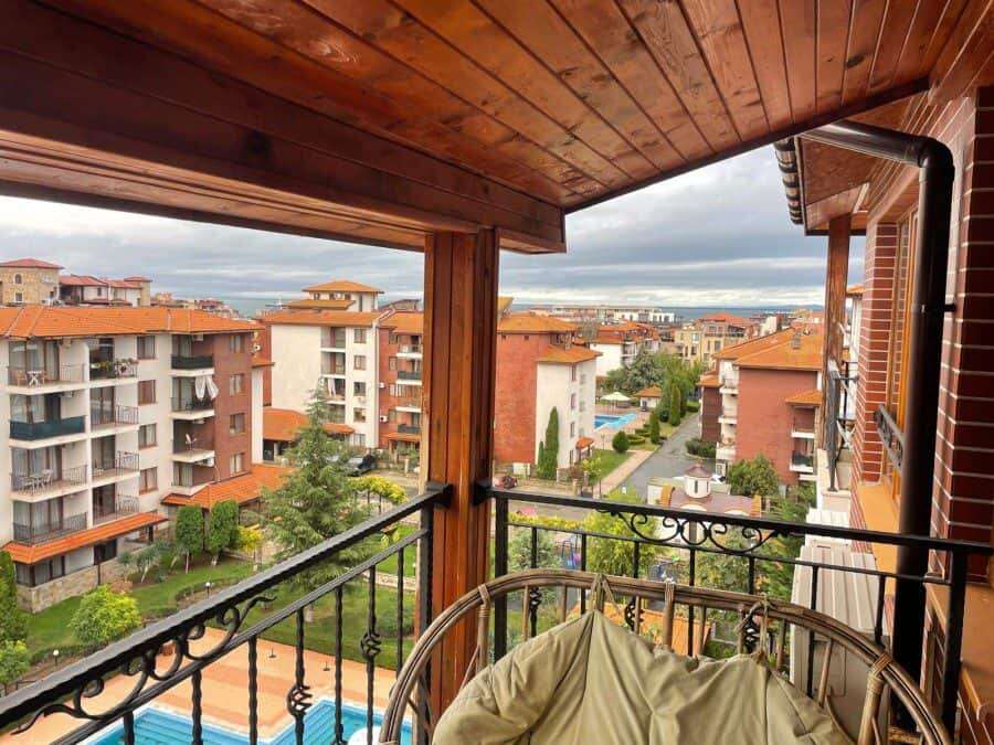 Balcony with sea and pool views in a 2-bedroom apartment in Apollon 8, near Ravda and Nessebar.