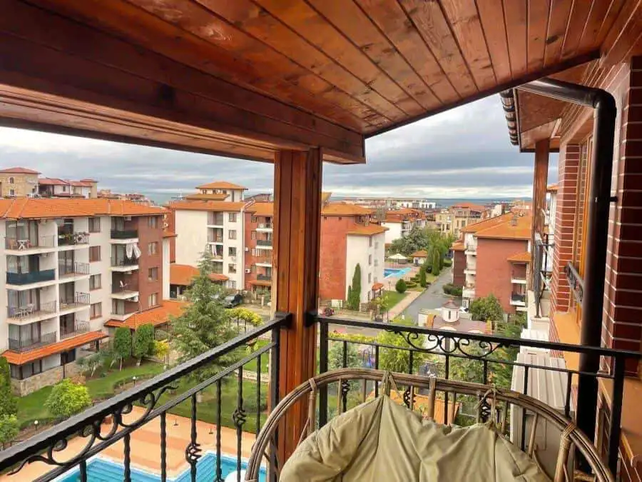 Balcony with sea and pool views in a 2-bedroom apartment in Apollon 8, near Ravda and Nessebar.