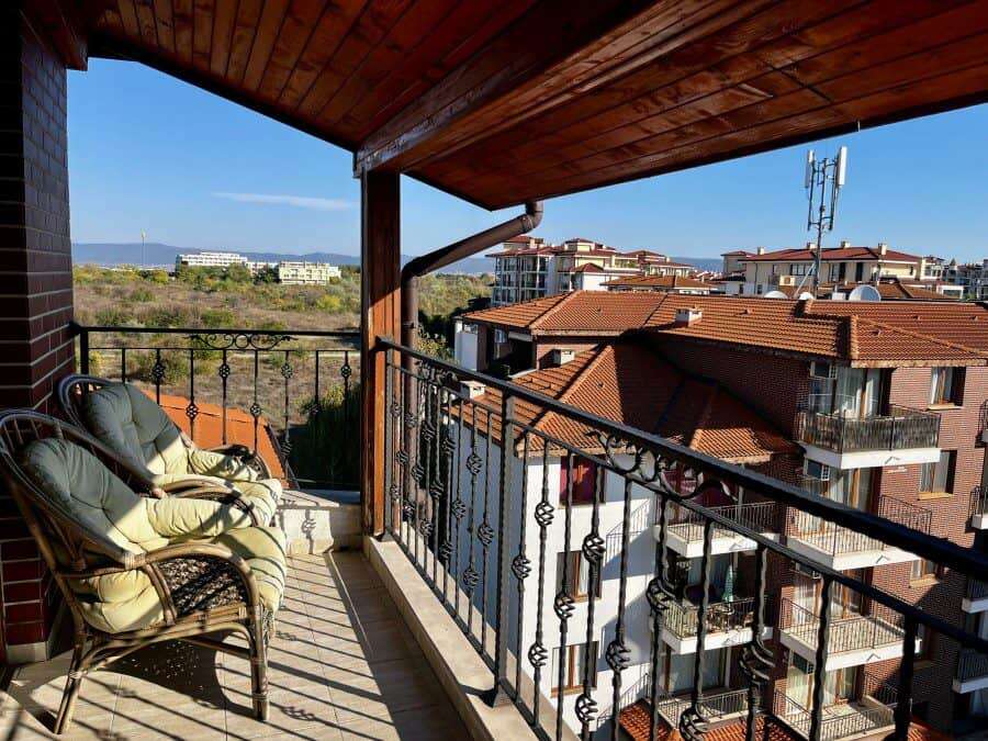 Sea and pool view 2-bedroom apartment balcony in Apollon 8, between Ravda and Nessebar.