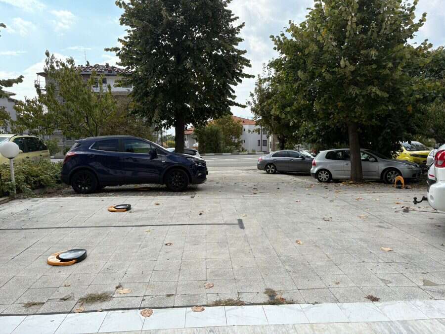 Spacious outdoor parking area with multiple vehicles and greenery, ideal for residents and visitors.