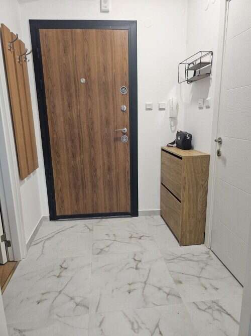 Entrance door with secure locks in a contemporary apartment hallway.