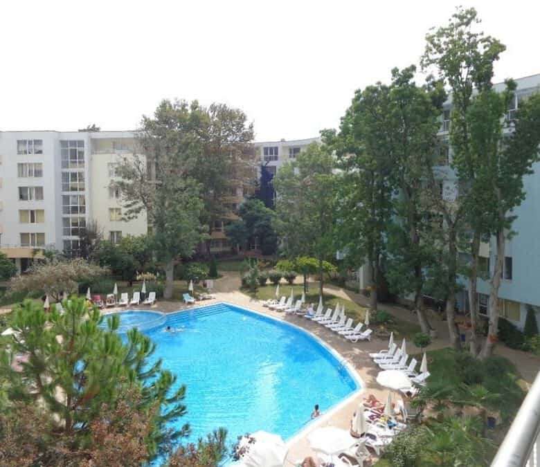Bright pool view from a modern 1-bedroom apartment in Yassen, Sunny Beach, near the sea.