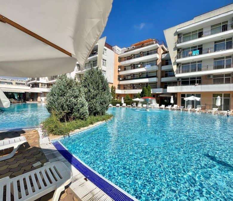 View of a swimming pool at Grand Kamelia in Sunny Beach, Bulgaria.